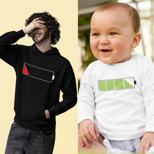 Set Herren Hoodie & Baby Langarmshirt | Akku leer vs. Akku voll