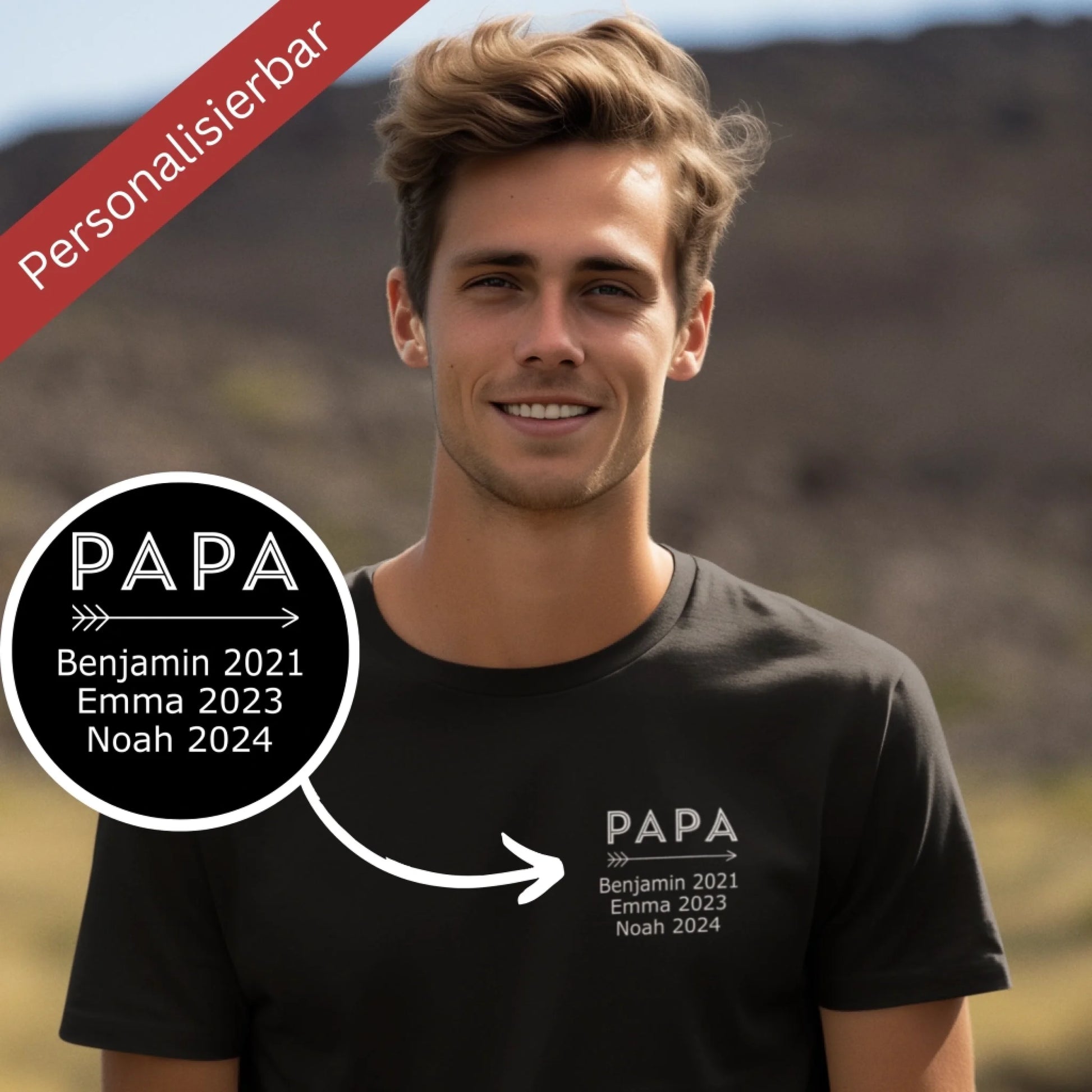 Person trägt schwarzes personalisierbares T-Shirt