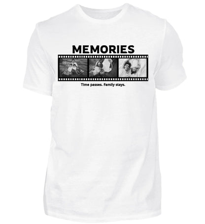 Personalisierbares weißes T-Shirt mit drei Fotos, Titel und Spruch