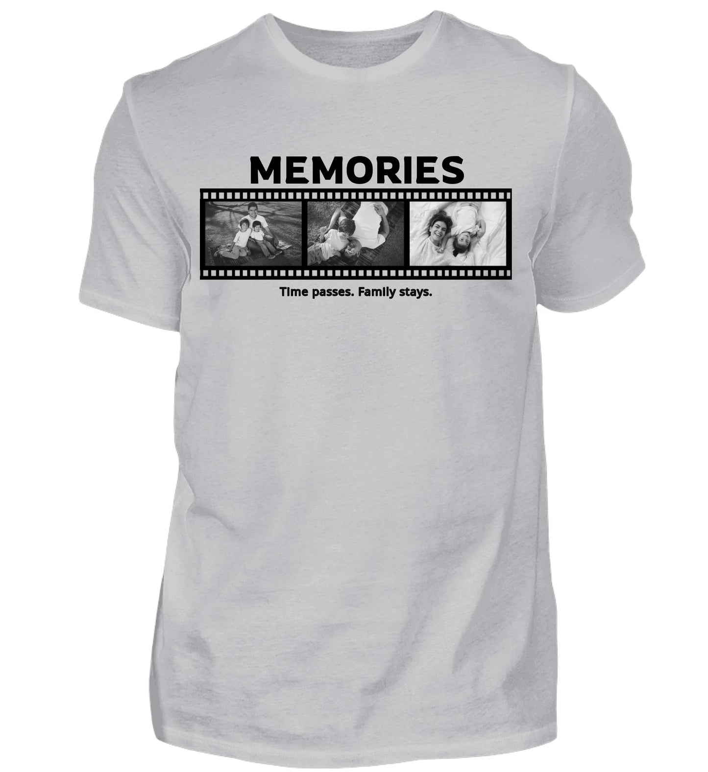 Personalisierbares graues T-Shirt mit drei Fotos, Titel und Spruch