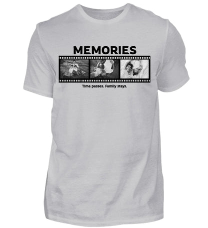 Personalisierbares graues T-Shirt mit drei Fotos, Titel und Spruch