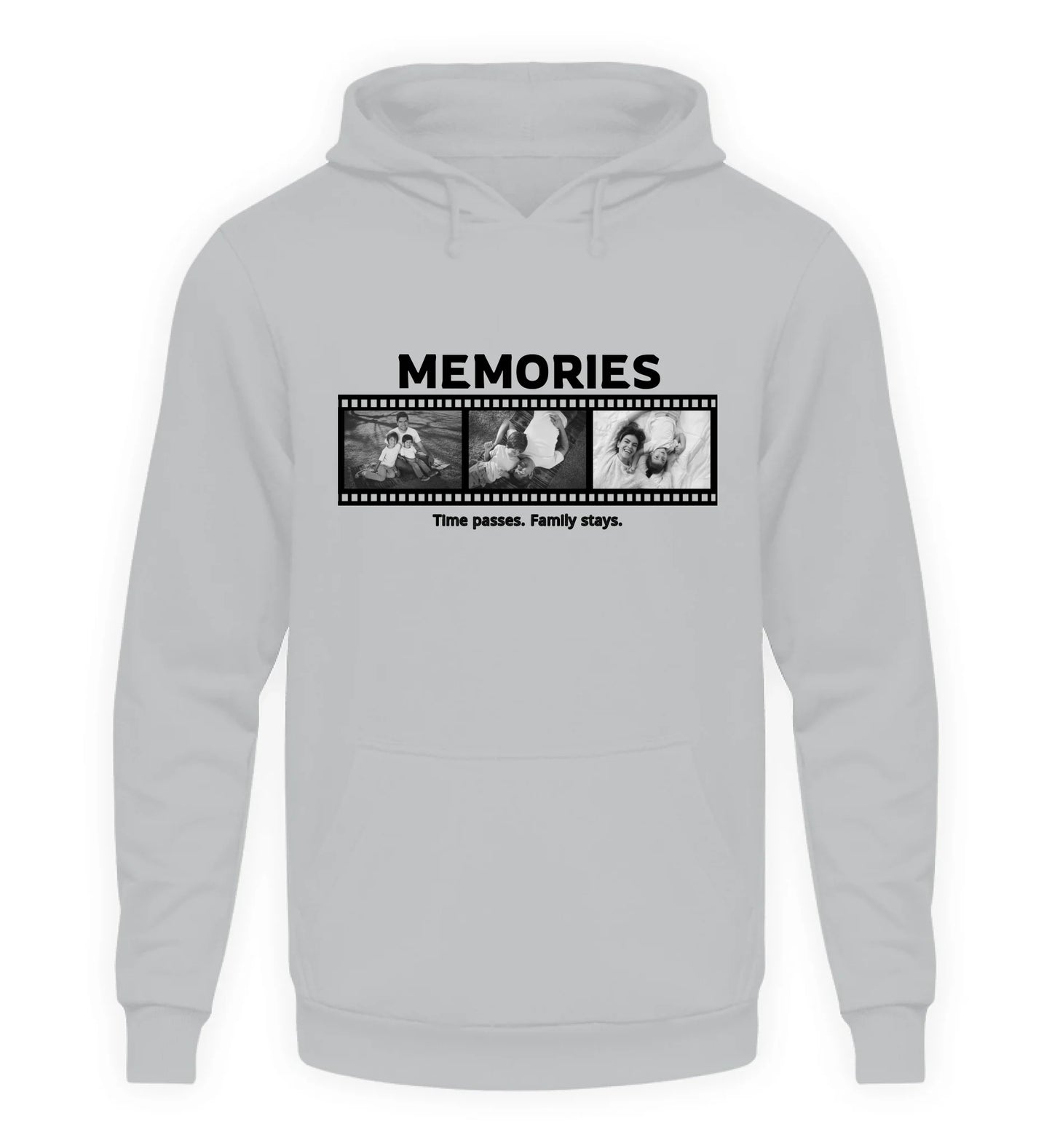 Personalisierbarer grauer Hoodie mit drei Fotos, Titel und Spruch
