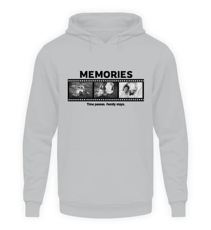 Personalisierbarer grauer Hoodie mit drei Fotos, Titel und Spruch