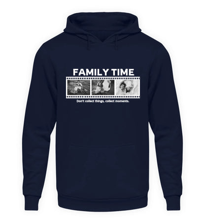 Personalisierbarer marienblauer Hoodie mit drei Fotos, Titel und Spruch