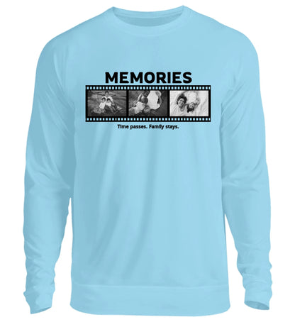 Personalisierbares hellblaues Sweatshirt mit drei Fotos, Titel und Spruch