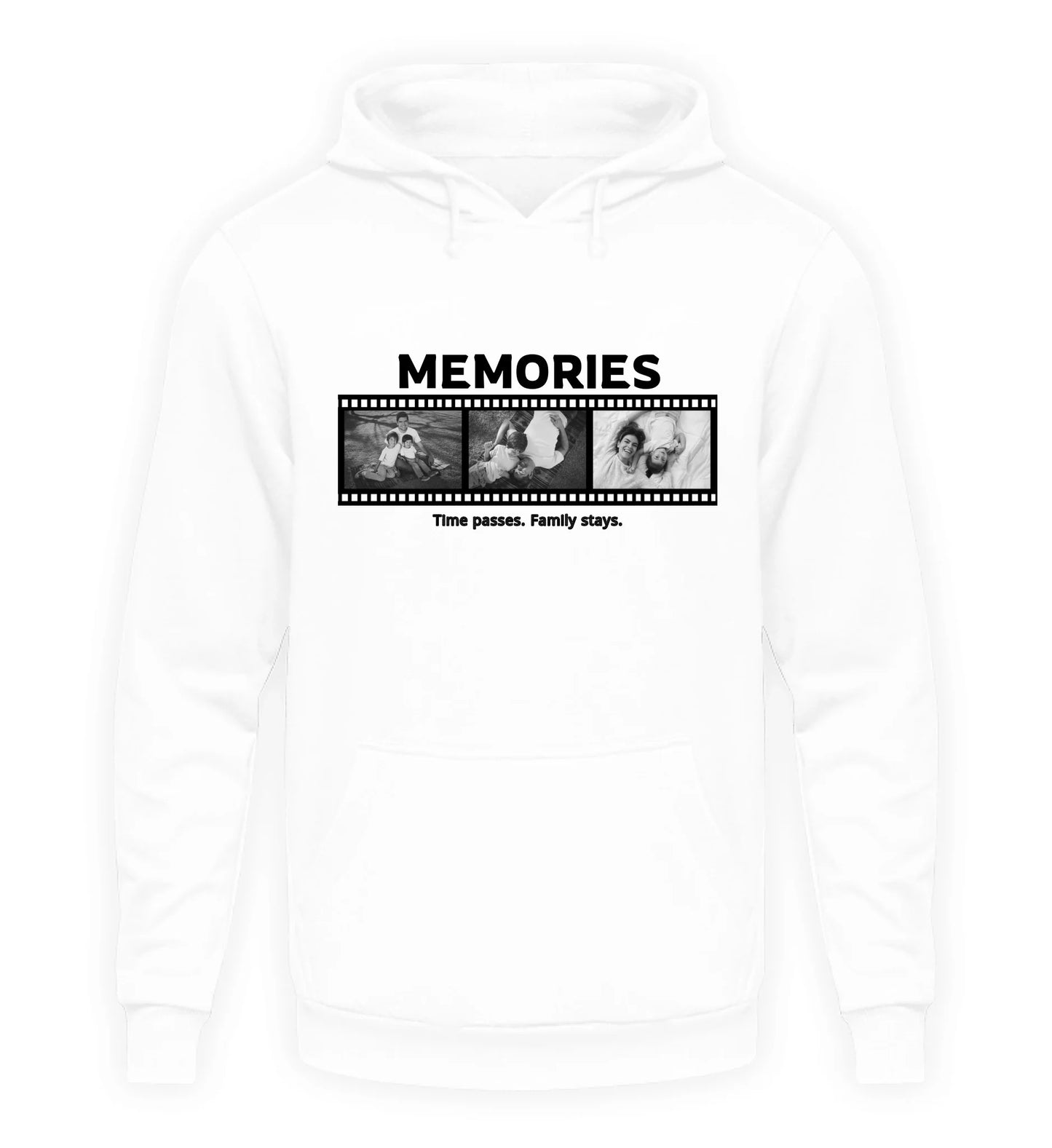 Personalisierbarer weißer Hoodie mit drei Fotos, Titel und Spruch