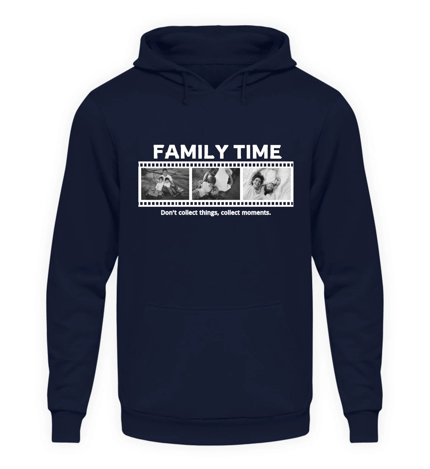 Personalisierbarer marienblauer Hoodie mit drei Fotos, Titel und Spruch