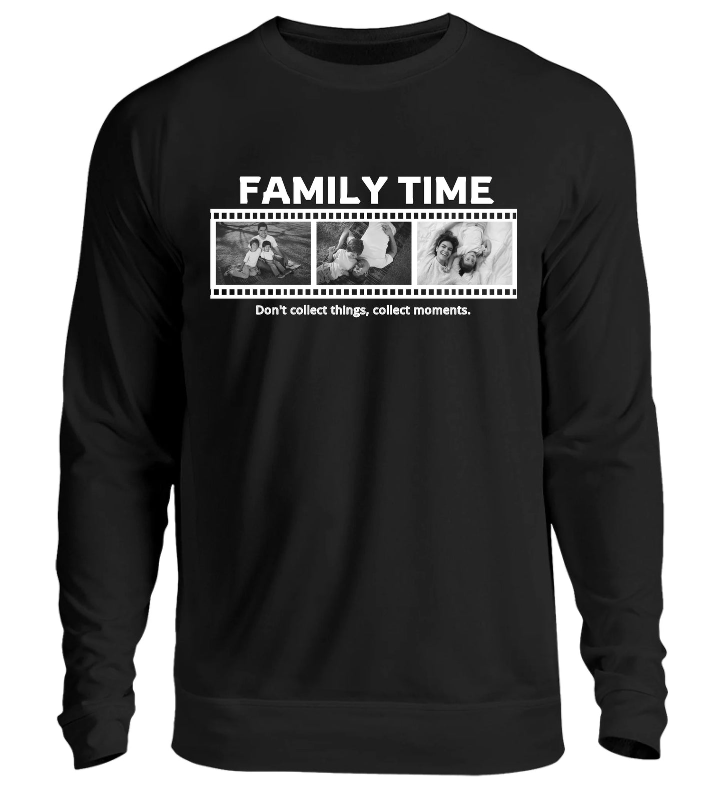 Personalisierbares schwarzes Sweatshirt mit drei Fotos, Titel und Spruch