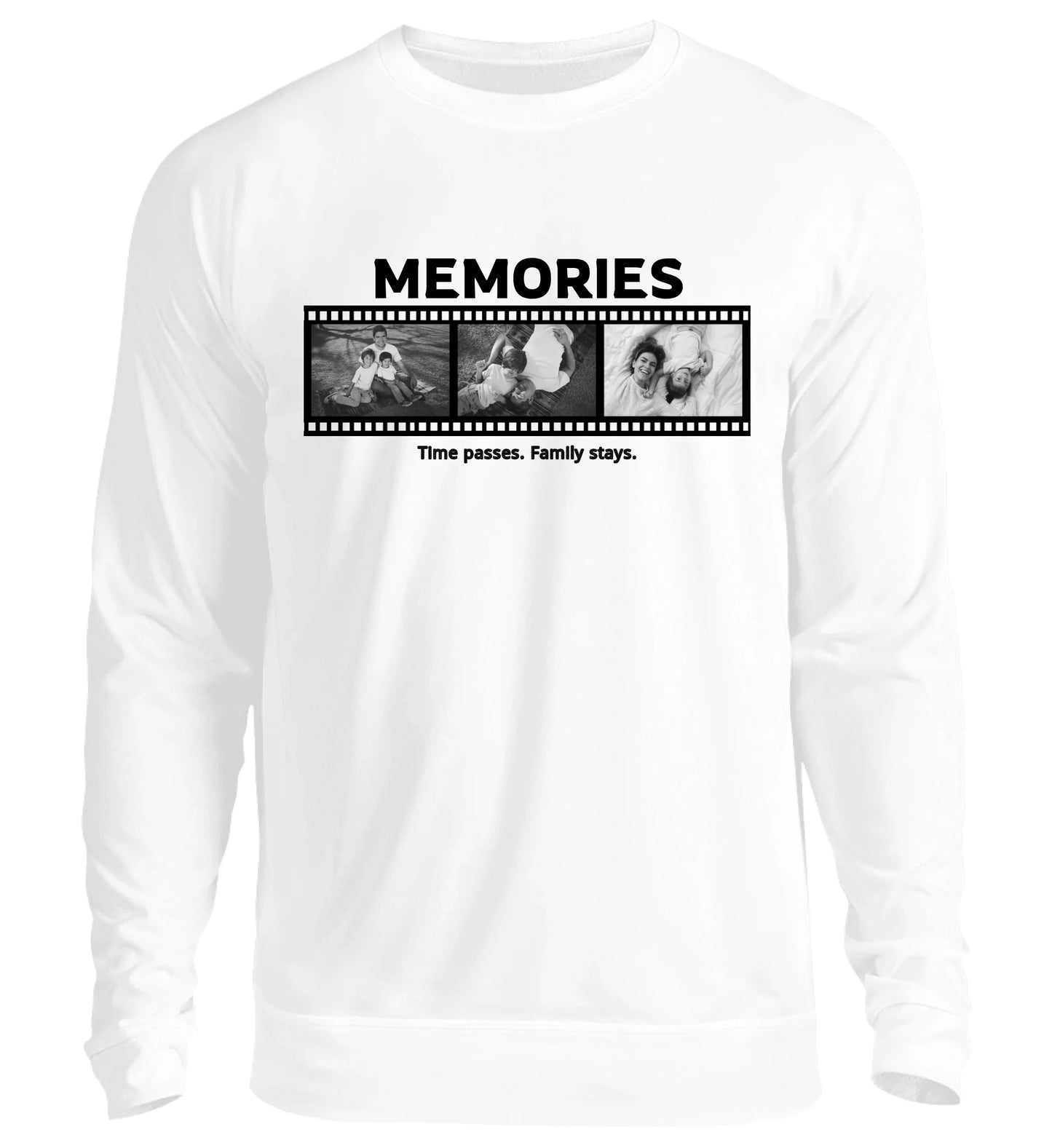 Personalisierbares weißes Sweatshirt mit drei Fotos, Titel und Spruch