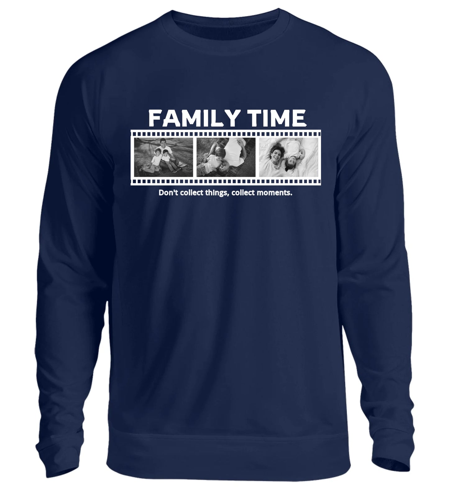 Personalisierbares marineblaues Sweatshirt mit drei Fotos, Titel und Spruch