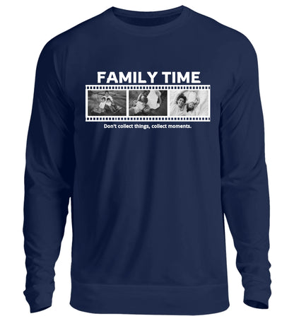 Personalisierbares marineblaues Sweatshirt mit drei Fotos, Titel und Spruch