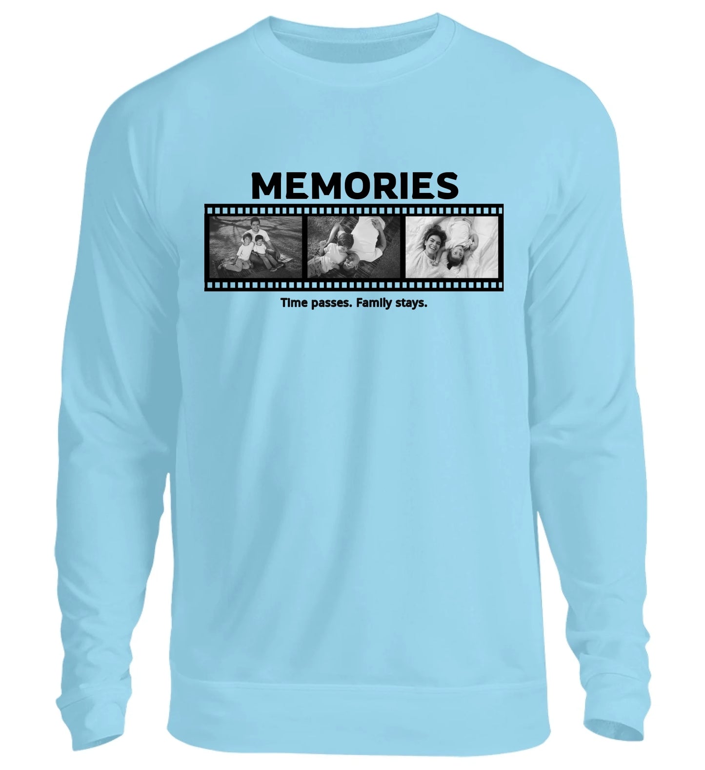 Personalisierbares hellblaues Sweatshirt mit drei Fotos, Titel und Spruch