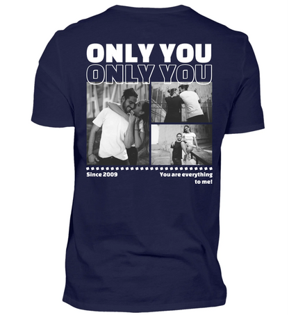 Mit Fotos und Text personalisierbares marineblaues T-Shirt