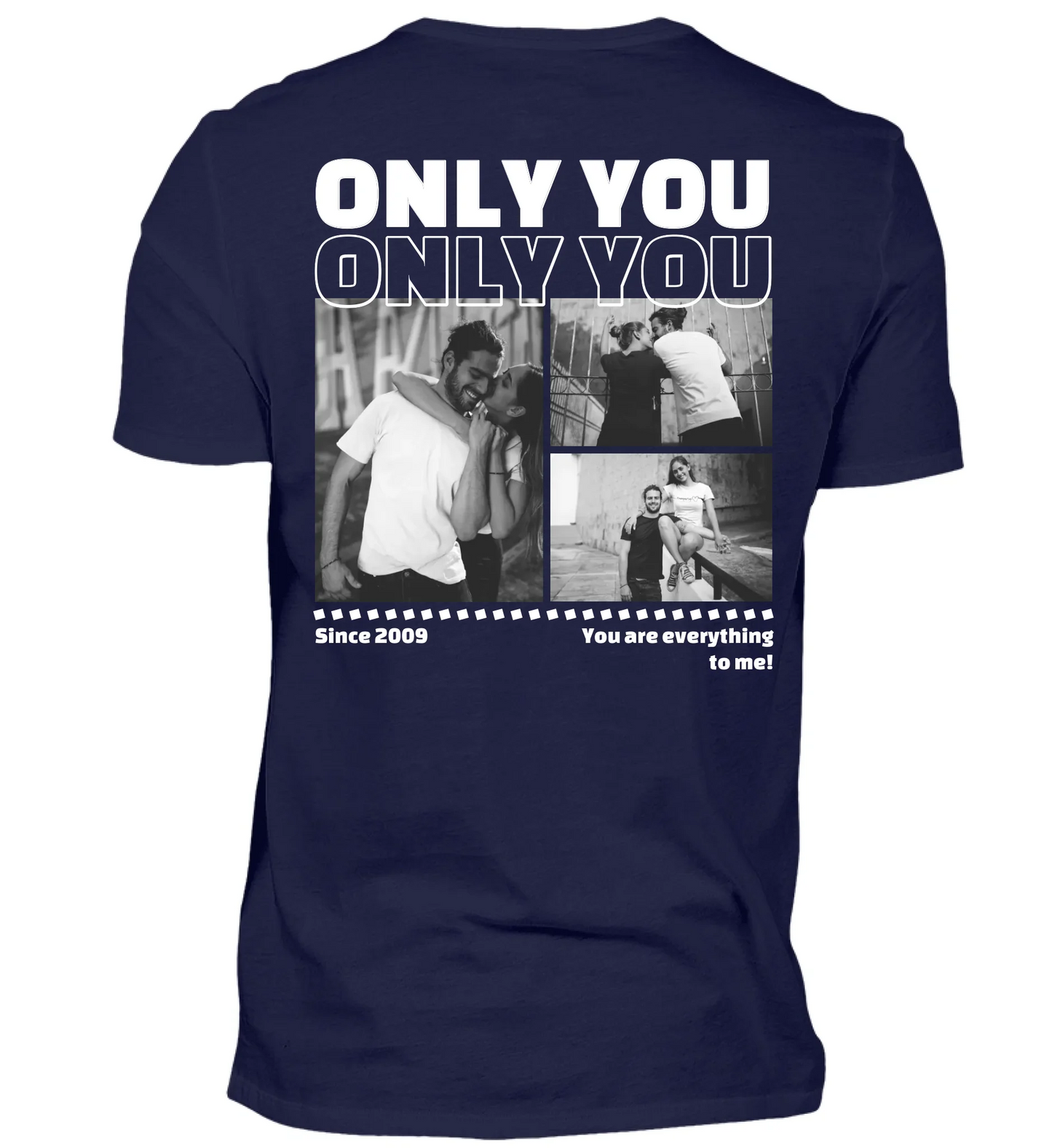 Mit Fotos und Text personalisierbares marineblaues T-Shirt