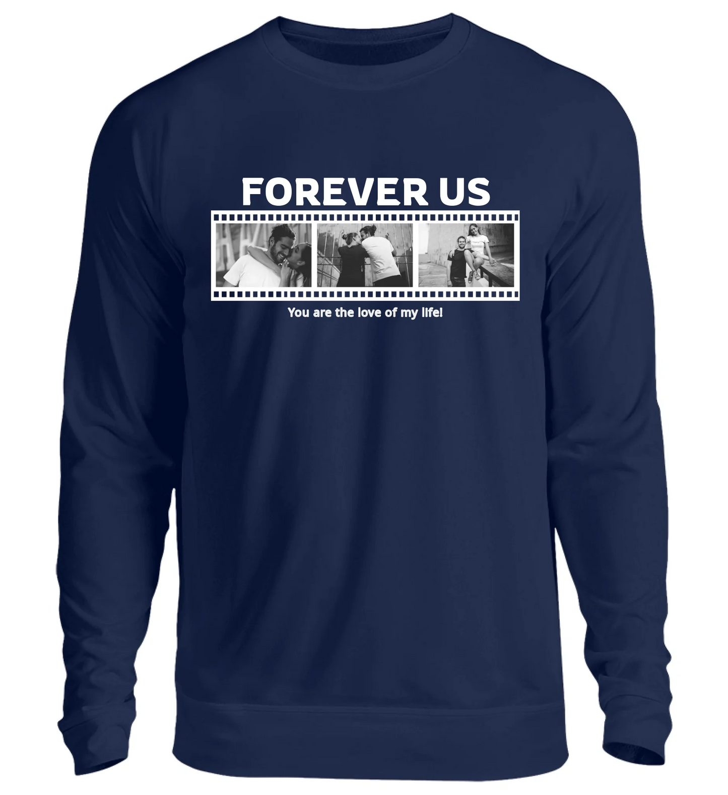 Personalisierbares marineblaues Sweatshirt mit drei Fotos, Titel und Spruch