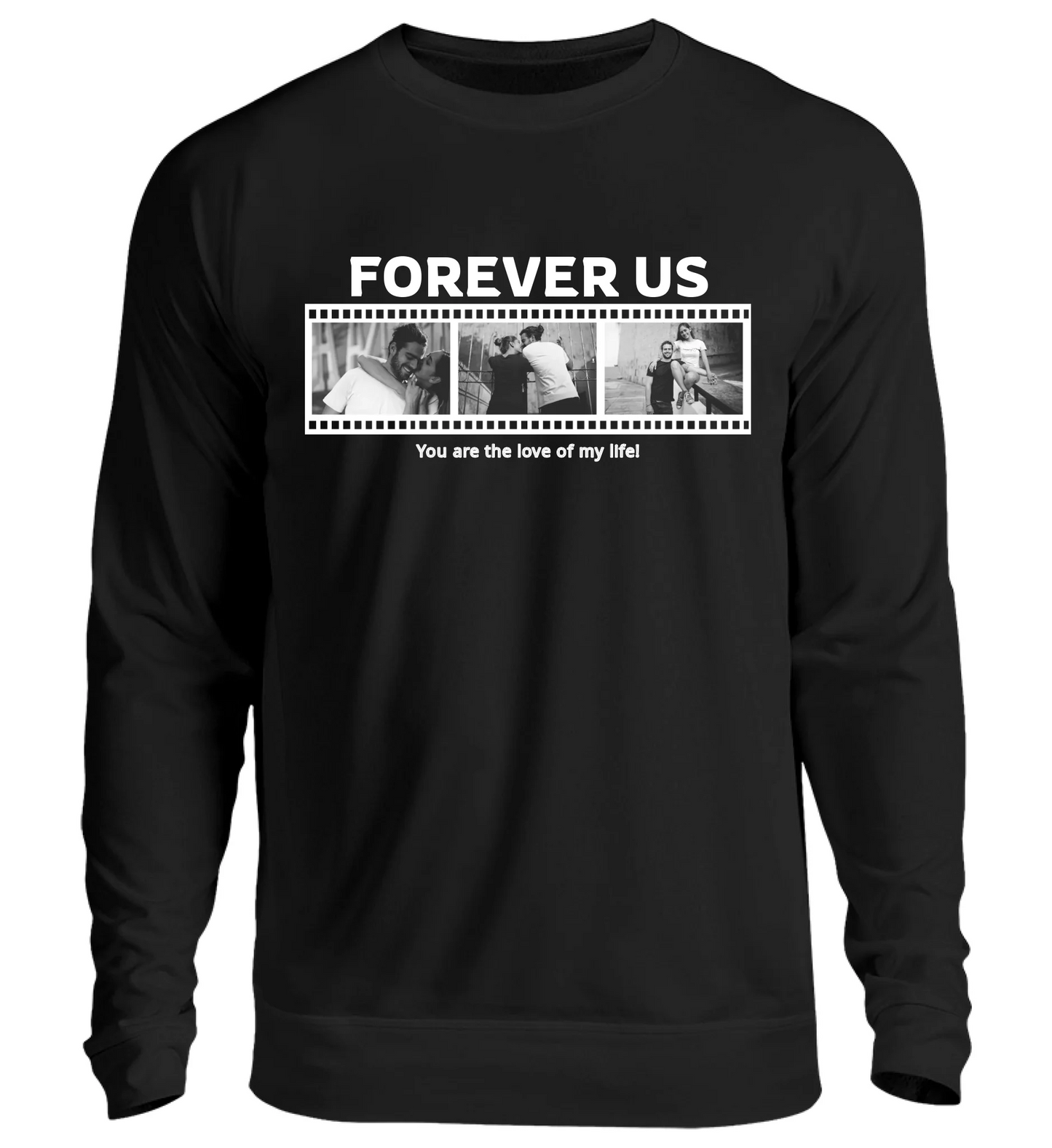 Personalisierbares schwarzes Sweatshirt mit drei Fotos, Titel und Spruch