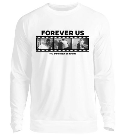 Personalisierbares weißes Sweatshirt mit drei Fotos, Titel und Spruch
