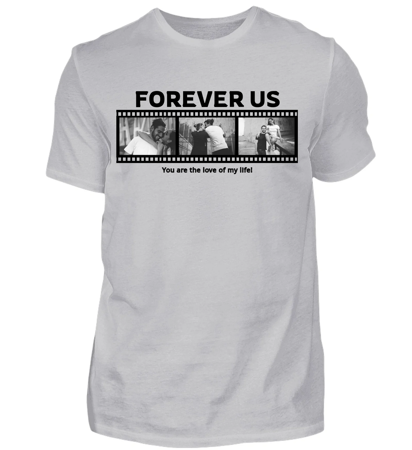 Personalisierbares graues T-Shirt mit drei Fotos, Titel und Spruch