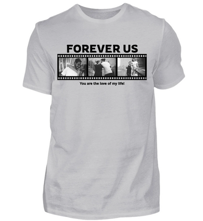 Personalisierbares graues T-Shirt mit drei Fotos, Titel und Spruch