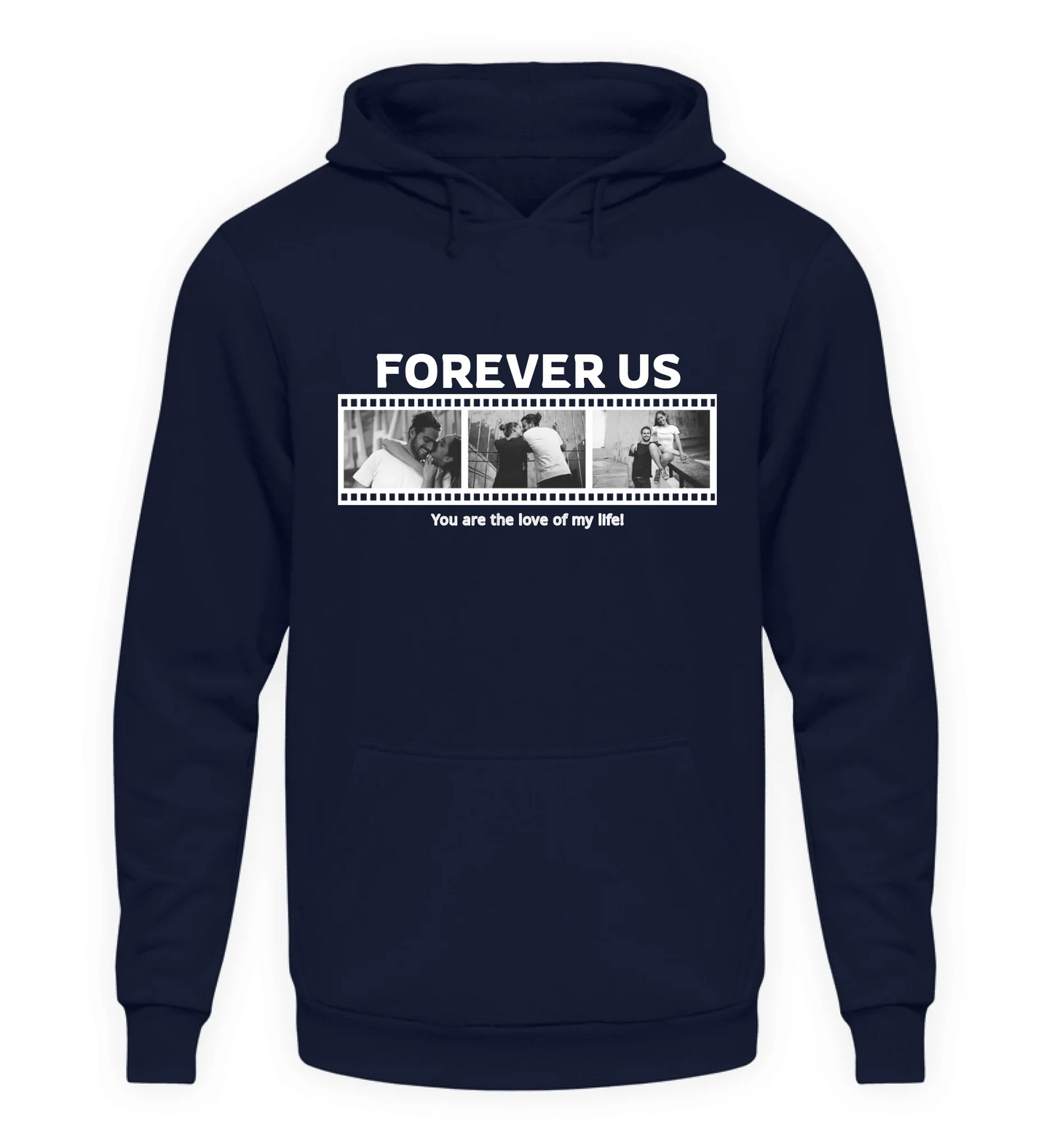 Personalisierbarer marienblauer Hoodie mit drei Fotos, Titel und Spruch