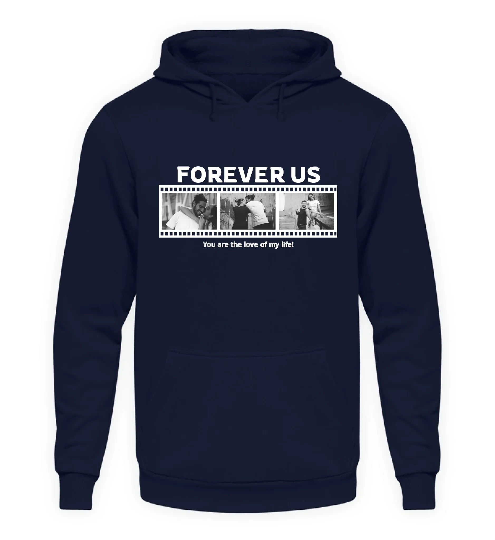 Personalisierbarer marienblauer Hoodie mit drei Fotos, Titel und Spruch