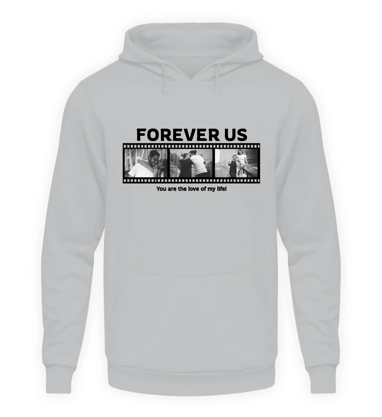 Personalisierbarer grauer Hoodie mit drei Fotos, Titel und Spruch