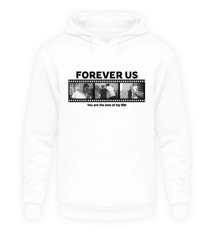 Personalisierbarer weißer Hoodie mit drei Fotos, Titel und Spruch