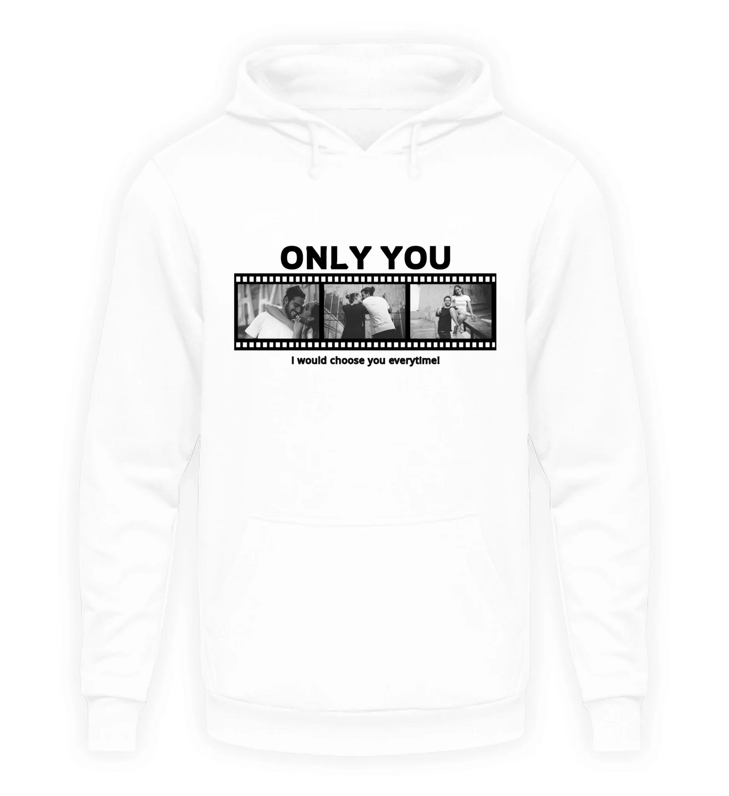 Personalisierbarer weißer Hoodie mit drei Fotos, Titel und Spruch