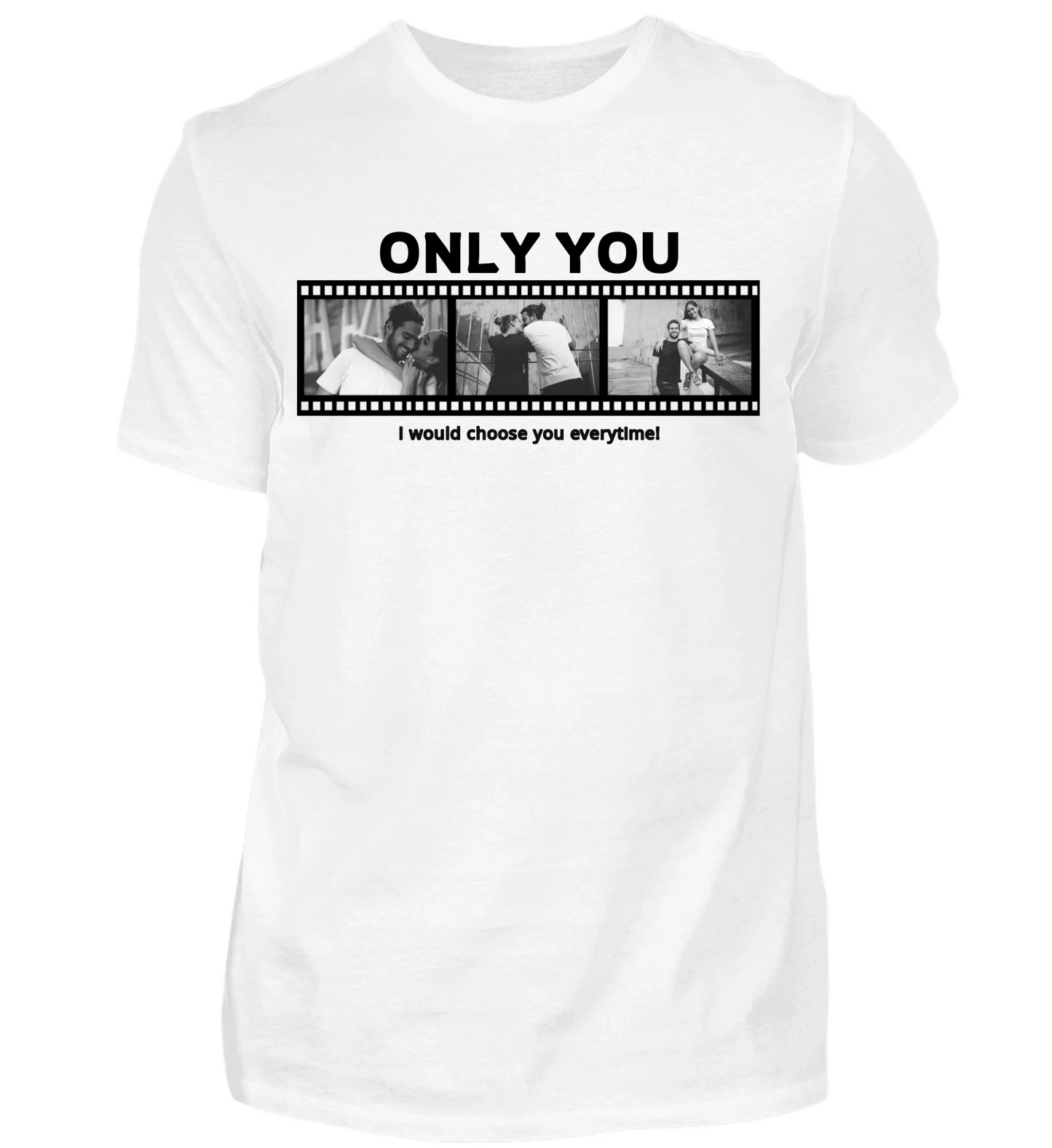 Personalisierbares weißes T-Shirt mit drei Fotos, Titel und Spruch
