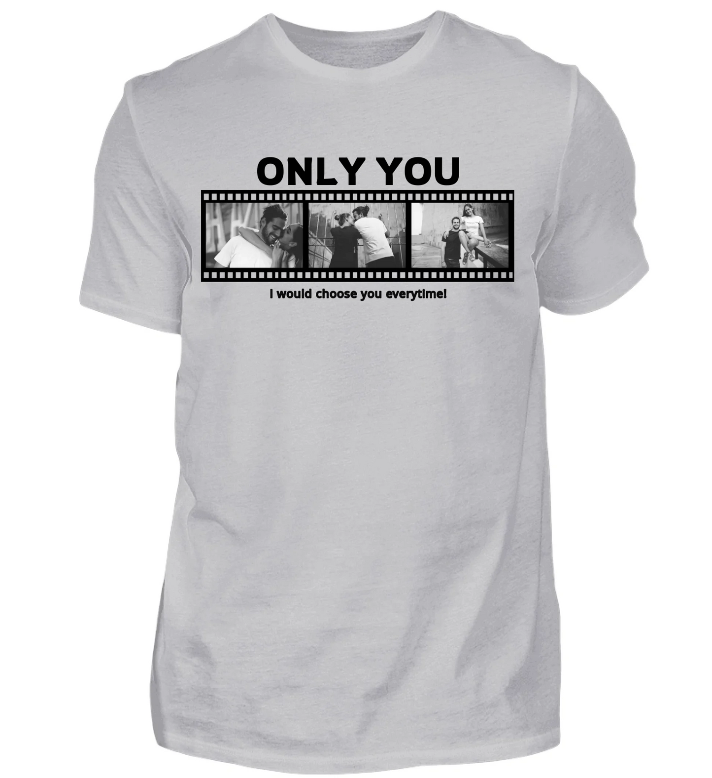 Personalisierbares graues T-Shirt mit drei Fotos, Titel und Spruch