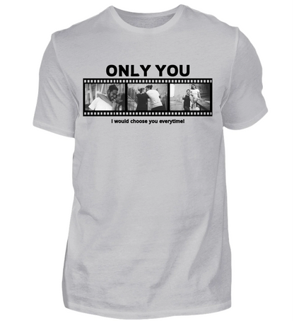 Personalisierbares graues T-Shirt mit drei Fotos, Titel und Spruch