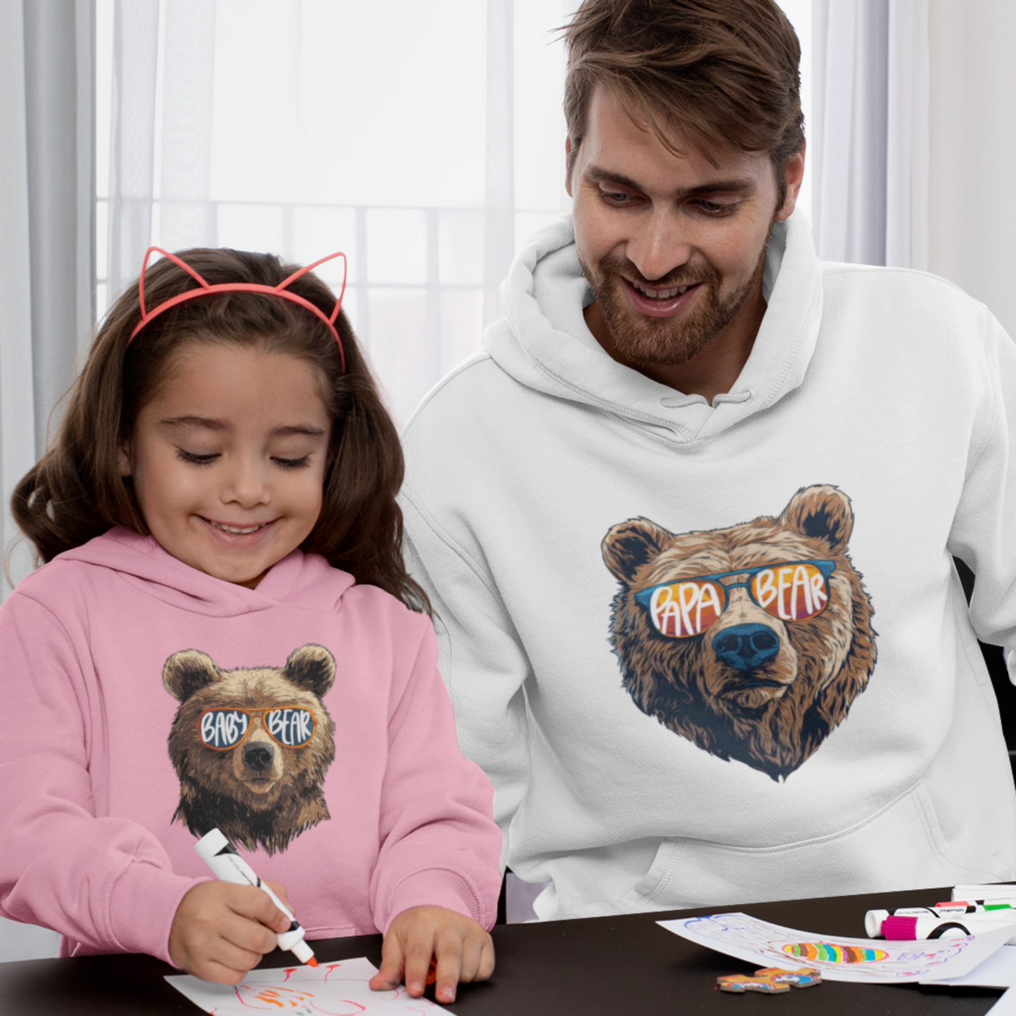 Hoodie Set - Papa Bear in Weiß | Baby Bear mit Farbwahl
