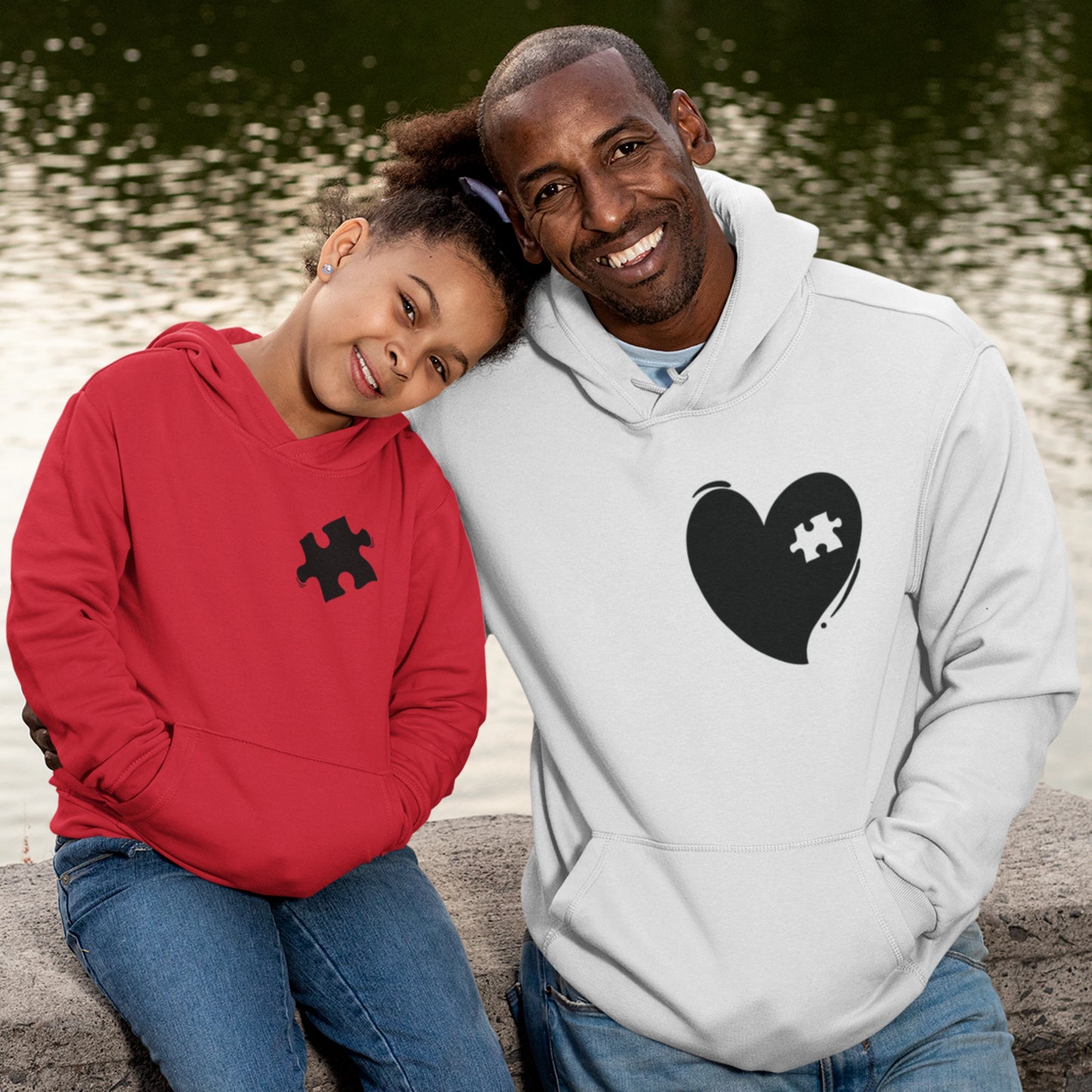 Hoodie Set - Papa Herz in Weiß | Kind Puzzlestück mit Farbwahl