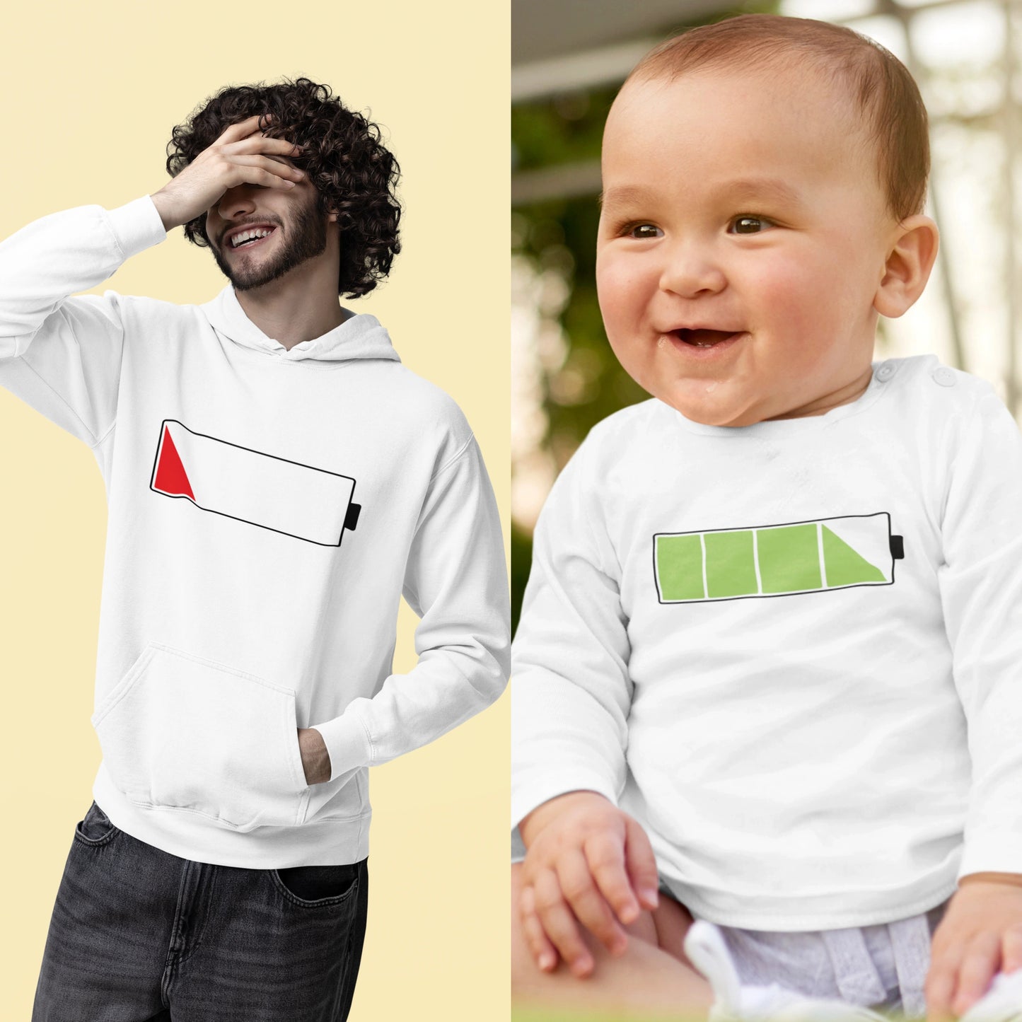 Set Herren Hoodie & Baby Langarmshirt | Akku leer vs. Akku voll
