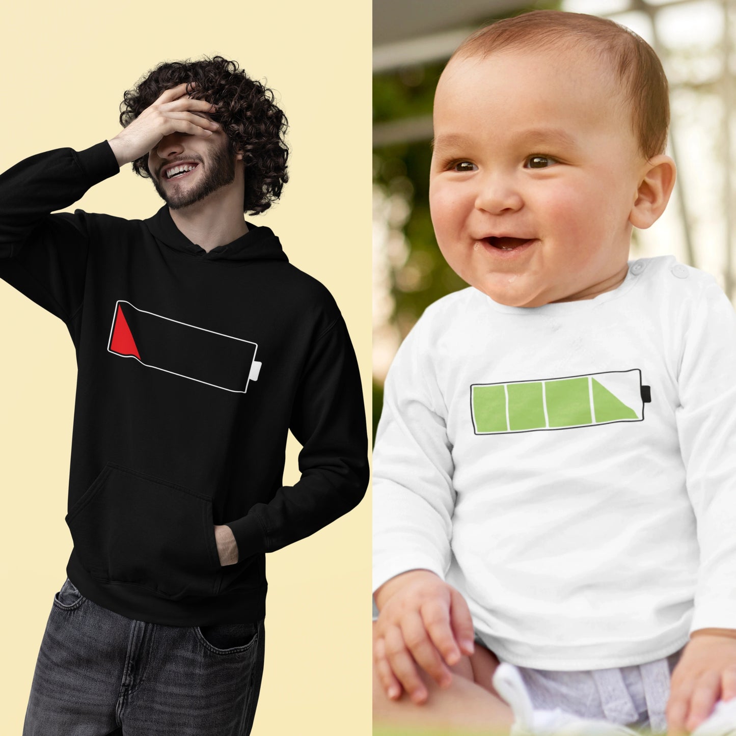 Set Herren Hoodie & Baby Langarmshirt | Akku leer vs. Akku voll