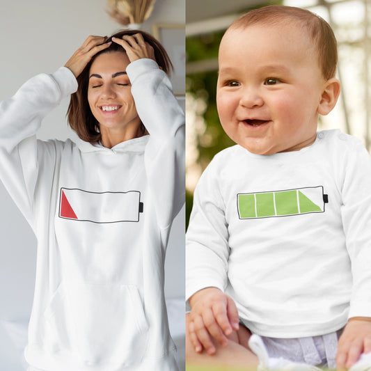 Set Damen Hoodie & Baby Langarmshirt | Akku leer vs. Akku voll