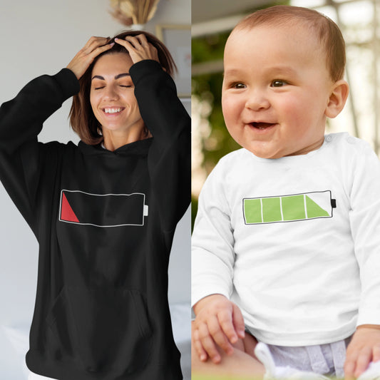 Set Damen Hoodie & Baby Langarmshirt | Akku leer vs. Akku voll